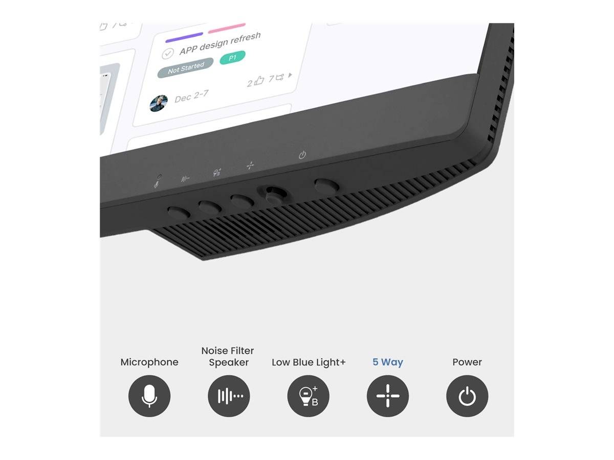 Pohľad na spodnú stranu počítačového monitora s viacerými tlačidlami pre funkcie ako mikrofón, filter hluku, filter modrého svetla, reproduktory a napájanie.
