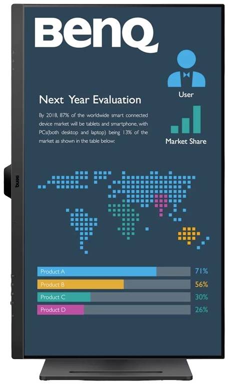 'Vyhodnotenie na budúci rok' Grafika: Mapa sveta znázorňuje trhové podiely. Ikona užívateľa a text: 87% smart zariadení, 13% PC. Tabuľka: Produkt A 71%, B 56%, C 30%, D 26%.