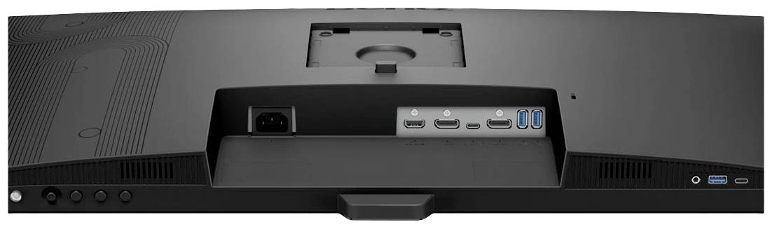 Zadná strana monitora s možnosťami pripojenia: napájací konektor, dva HDMI porty, jeden DisplayPort a dva USB konektory.