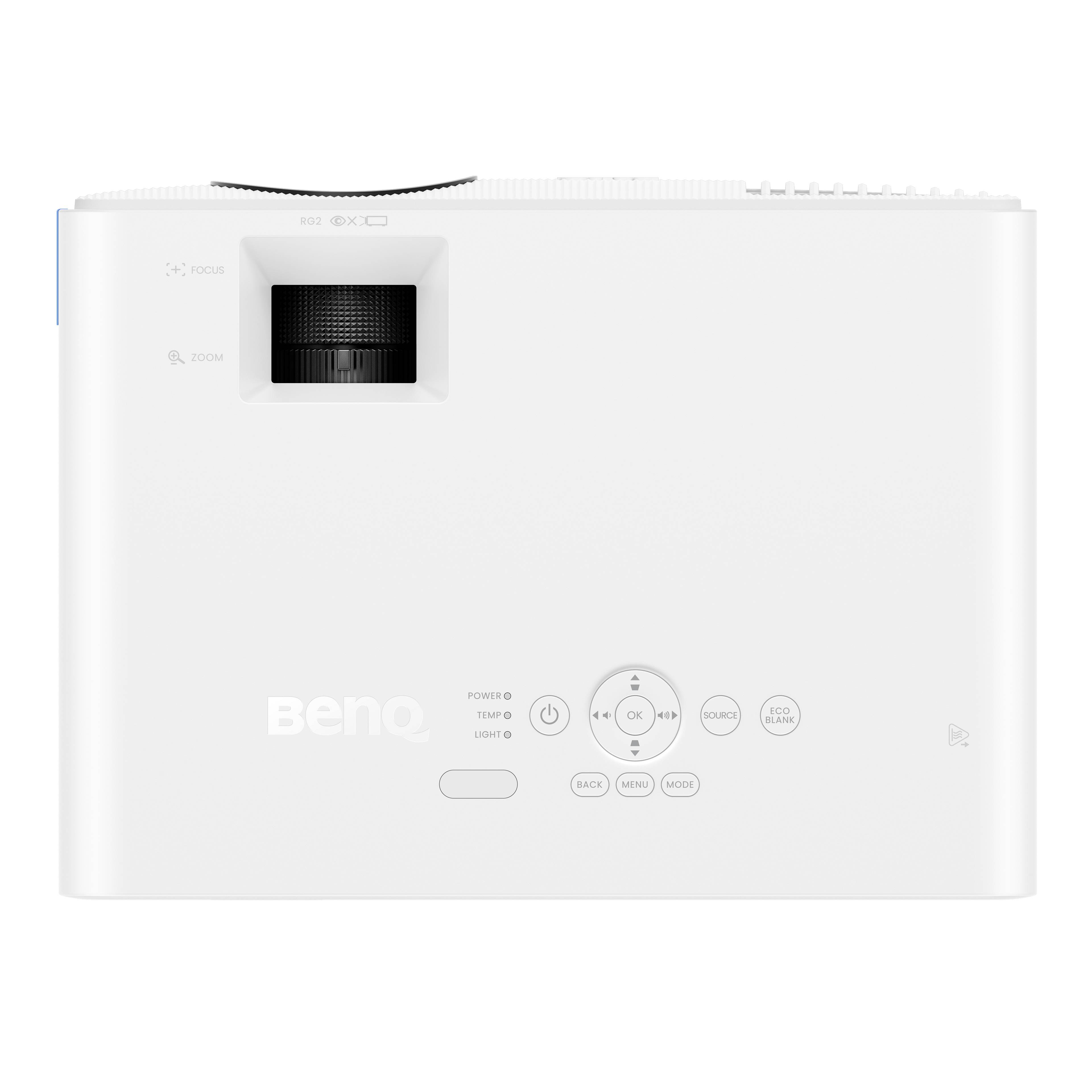 Biely projektor BenQ zhora, s ovládacími tlačidlami ako Napájanie, Menu a Výber zdroja vedľa objektívu na pravej strane.