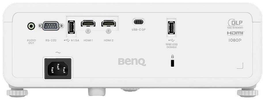 Zadná strana bieleho projektora s konektormi: HDMI, USB-C, Audio výstup, RS-232, USB. Značka BenQ, model s rozlíšením 1080P.