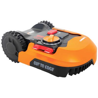 Oranžový robotický kosačkový stroj s nápisom 'CUT TO EDGE', navrhnutý na presné kosenie trávnika až po okraje.