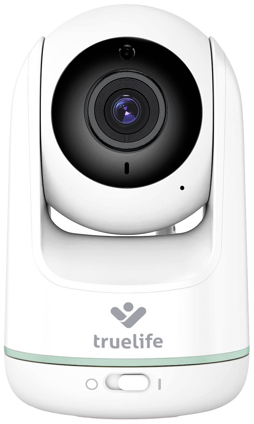 Biela bezpečnostná kamera s otočným objektívom a logom značky na prednej strane.