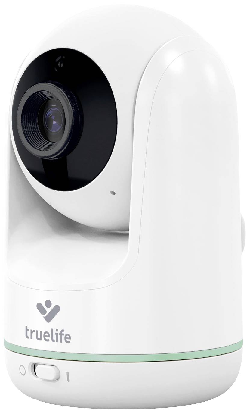 Biela bezpečnostná kamera s objektívom, s názvom značky 'truelife' dole.