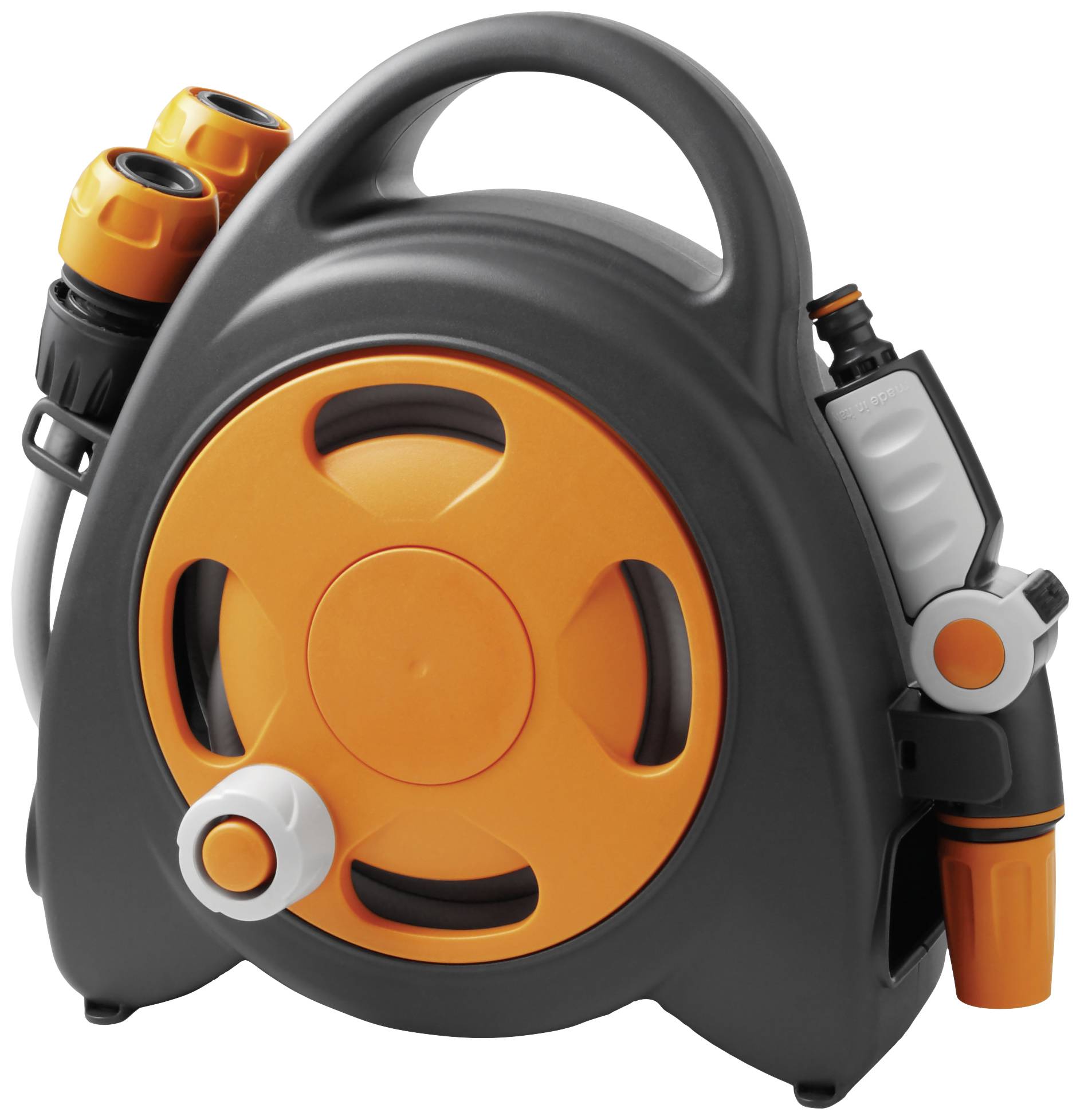 Kompaktný prenosný navíjač záhradnej hadice s integrovanou rozprašovacou hlavicou v čierno-oranžovej farbe, určený pre jednoduché zavlažovanie.