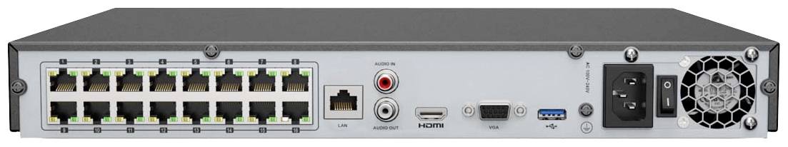 Zadná strana sieťového prepínača so 16 ethernetovými portami, napájacím konektorom, HDMI, USB a ventilátorom.