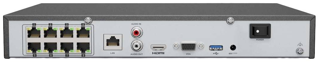Zadný pohľad na sieťové zariadenie s viacerými ethernetovými portami, HDMI portom, USB portom, audio konektormi a napájacím konektorom.