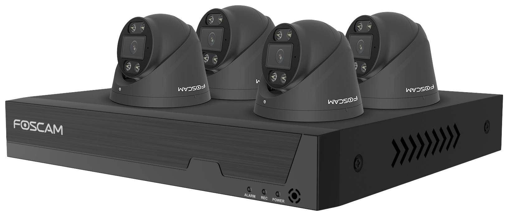 Kamerový monitorovací systém Foscam so štyrmi čiernymi kamerami na záznamovom zariadení.