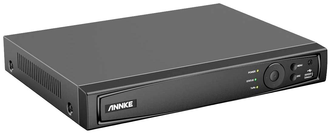 Čierny DVR rekordér s nápisom 'ANNKE' na prednej strane, obklopený kontrolkami a ovládacími tlačidlami.