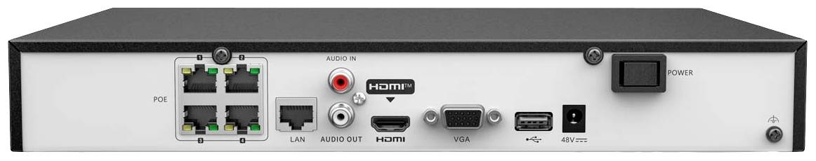 Zadná strana elektronického zariadenia s prípojkami: 4x LAN, HDMI, VGA, USB, Audio IN/OUT a sieťový vypínač.