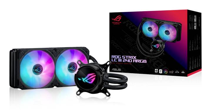 Kvapalinový chladiaci systém ROG Strix LC II 240 ARGB od ASUSu s RGB LED podsvietením, dvoma ventilátormi a pumpou, na bielom pozadí.