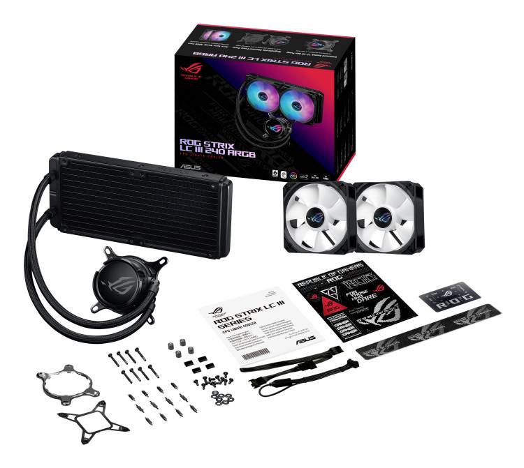 ROG Strix LC II 240 ARGB: Vodný chladiaci kit s dvoma ventilátormi, radiátorom, káblami a montážnym príslušenstvom. Balenie v pozadí.
