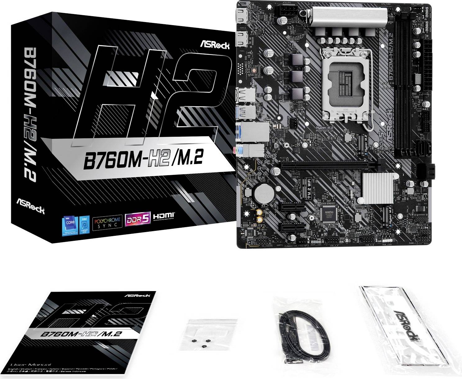 ASRock B760M-H2-Box s mini-ATX základnou doskou, príslušenstvom a obalom na bielom pozadí, vhodné pre zostavenie PC.