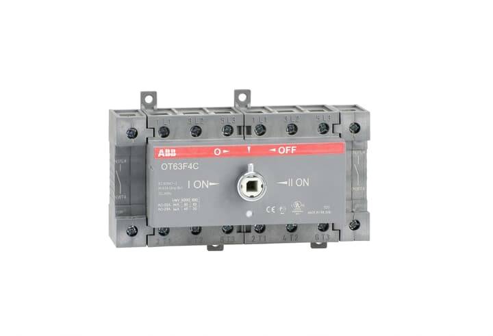 Elektrický spínač od ABB, model OT63F4C, s polohami '0-Vyp' a 'I-Zap', montovateľný, sivý a obdĺžnikový.