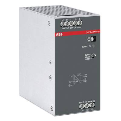 Napájací modul s označením 'CP-S.1 24/20.0', ktorý poskytuje výstupy 24 V DC a 20 A. Má vstupy pre 100-240 V AC.