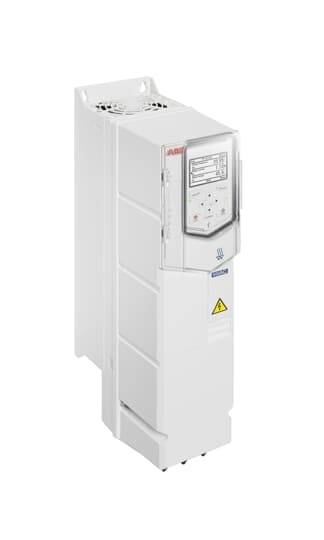 Biely priemyselný frekvenčný menič s digitálnym displejom, ovládacím panelom a bezpečnostným výstražným symbolom, používaný na riadenie motora.