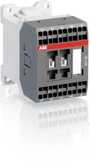 Šedé elektrické spínacie zariadenie s prípojkami a červeným označovacím pruhom jednej značky. Montážny držiak na zadnej strane.