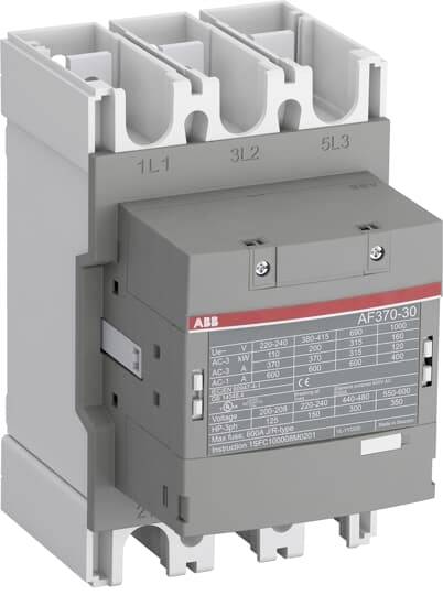Šedý a biely stykač značky ABB, model AF370-30, s technickou tabuľkou vpredu, zobrazuje elektrické pripájacie svorky hore.