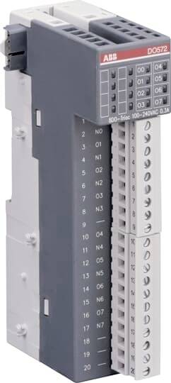 Sivý modul ABB série DO572 s číslovanými konektormi a stavovým panelom pre priemyselné aplikácie.