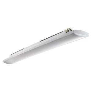 Biela LED lampa v podlhovastom tvare, vhodná na montáž na strop v kanceláriách alebo obytných priestoroch, poskytuje rovnomerné rozloženie svetla.