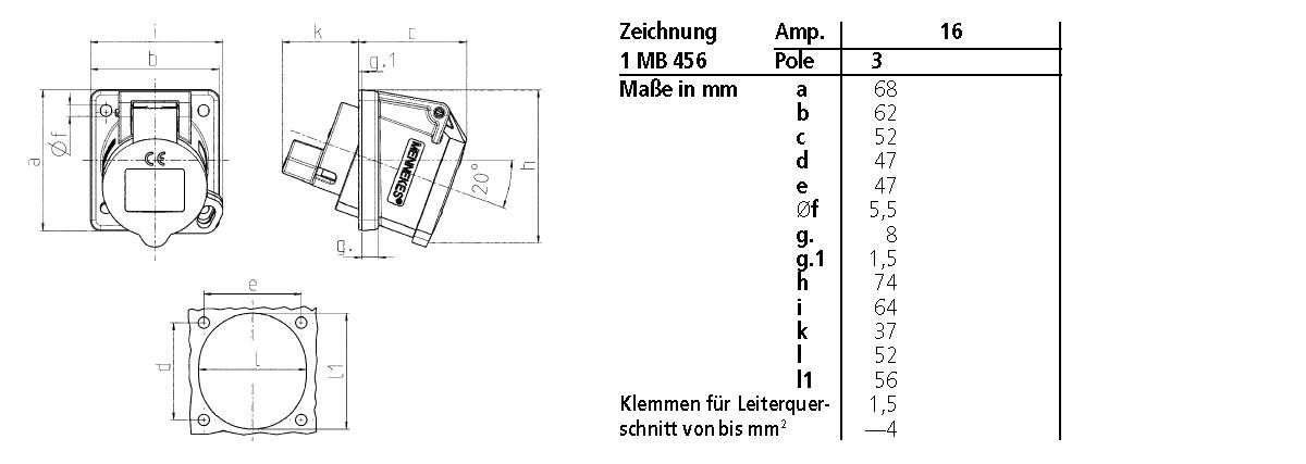 Technický výkres elektrickej zástrčky s rôznymi pohľadmi a rozmermi v milimetroch. Tabuľka uvádza ampéry, póly a rozmery A-L.