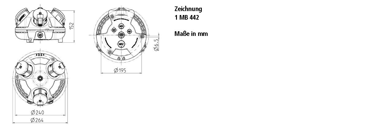 'Technický výkres kruhového objektu, pohľad spredu a z boku. Popis: Výkres 1 MB 442, rozmery v mm.'