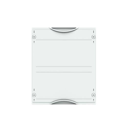 Prázdny, obdĺžnikový plastový kryt so zaoblenými rohmi a skrutkami po stranách. Vhodný pre elektronické komponenty.