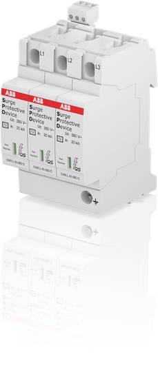 Prepäťová ochrana od ABB s tromi fázami (L1, L2, L3), menovité napätie 230/400 V, ochranná trieda 1, vhodná pre inštaláciu v budovách.