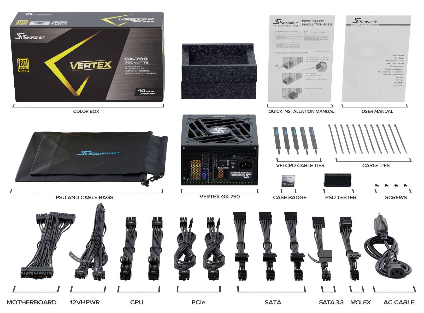 Napájací zdroj 'Seasonic Vertex GX-750' so sadou príslušenstva, obsahujúci návody, káble, tašky, diely a pôvodnú obalu. Súčasťou sú CPU, PCIe a SATA káble.
