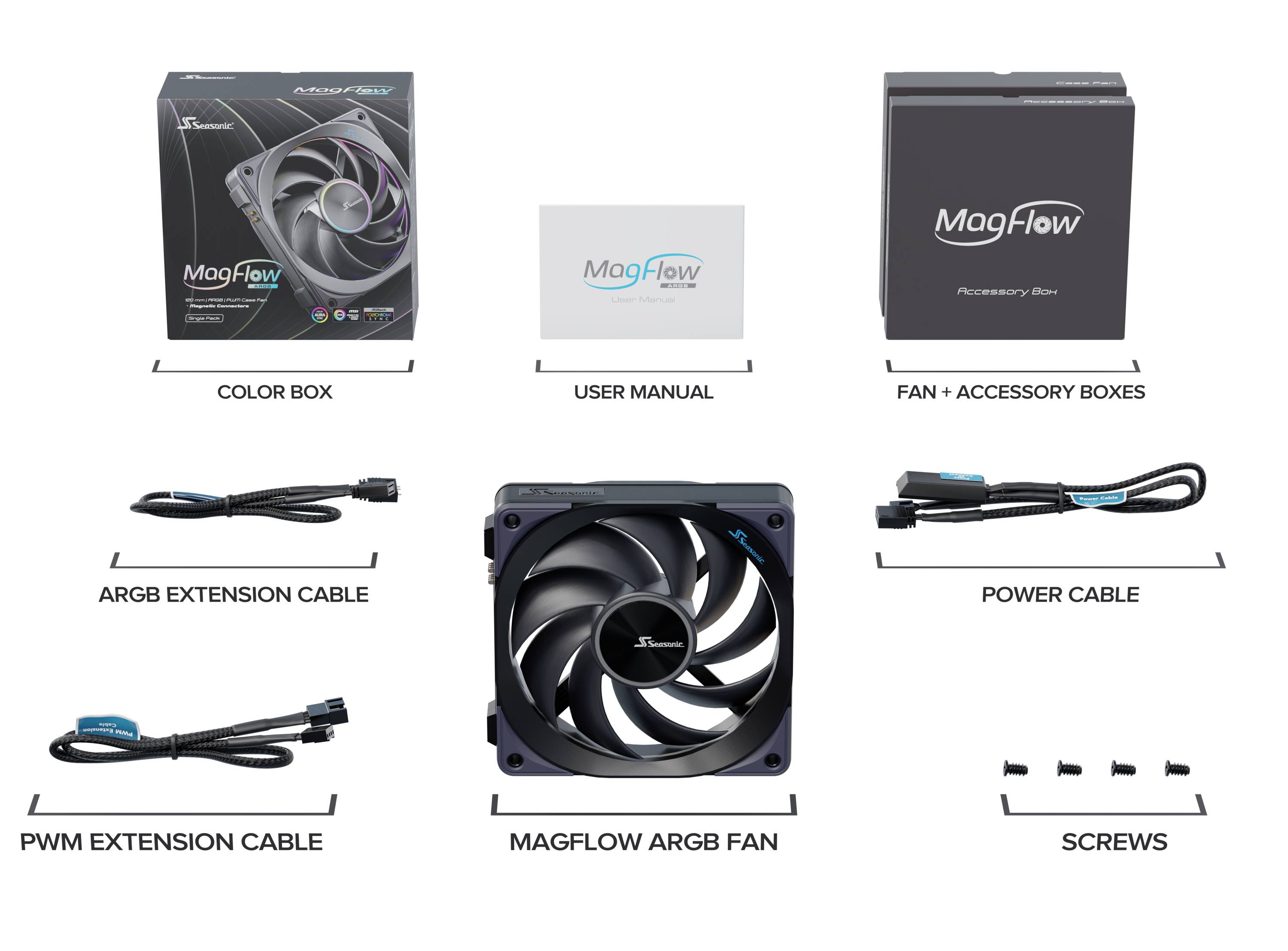 'MagFlow ARGB ventilátor - balenie so ventilátorom, používateľskou príručkou, ARGB predlžovacím káblom, PWM predlžovacím káblom, napájacím káblom a skrutkami.'