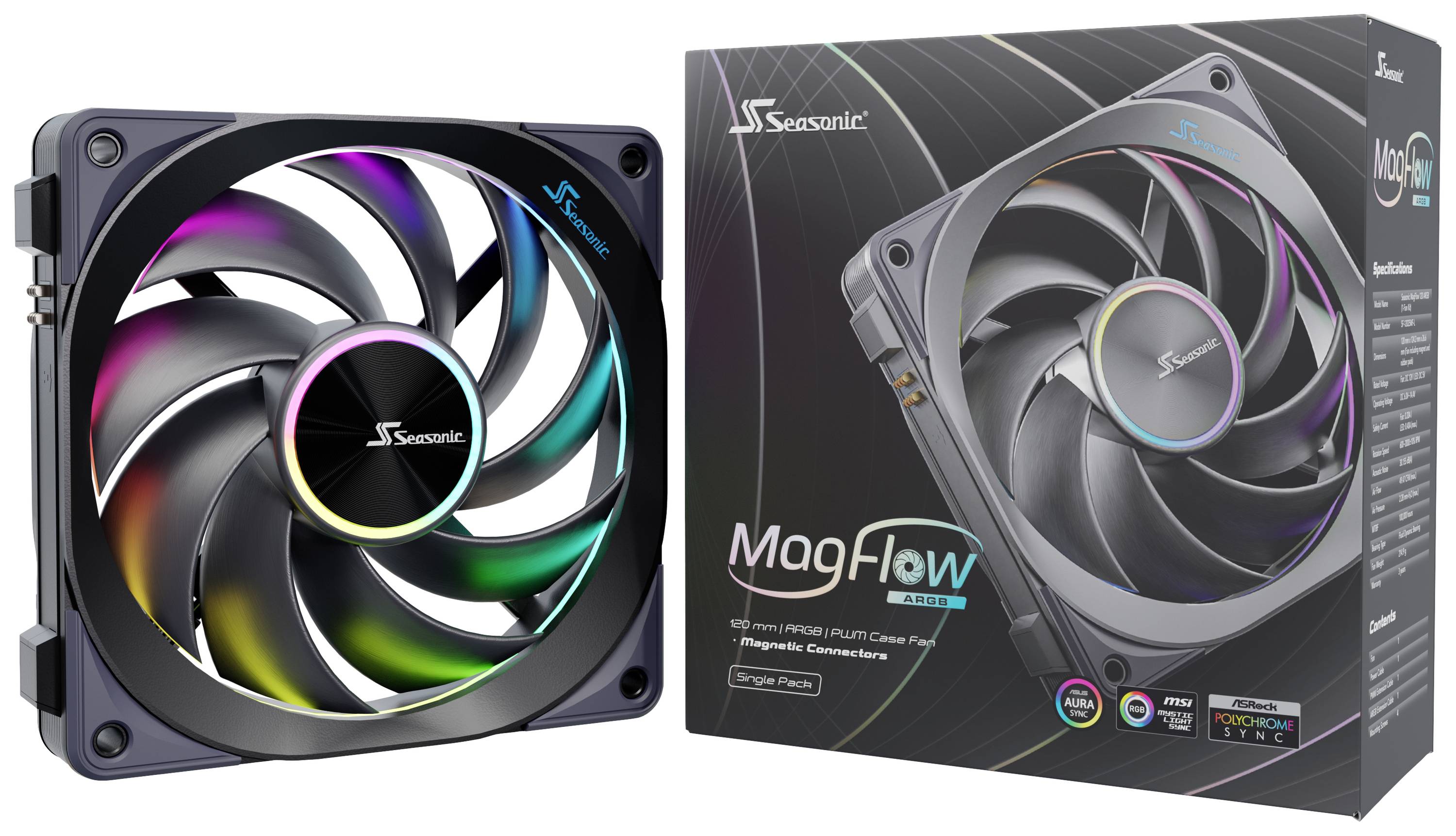Ventilátor s RGB podsvietením vedľa obalu. Názov produktu 'MagFlow'; priemer 120 mm. Navrhnutý pre PC skrine.