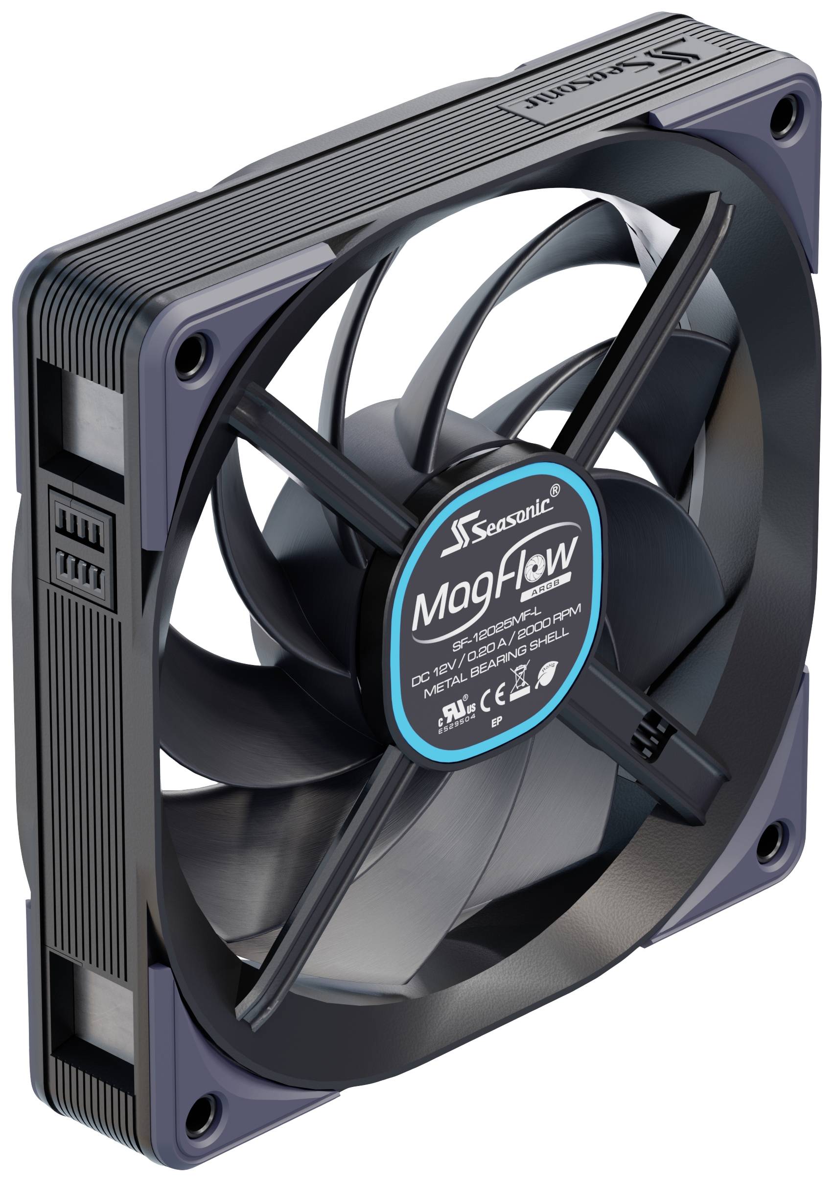 Čierny počítačový ventilátor s modrým štítkom v strede, na ktorom je napísané 'Seasonic MagFlow'. Vhodný pre chladenie počítačovej skrine.