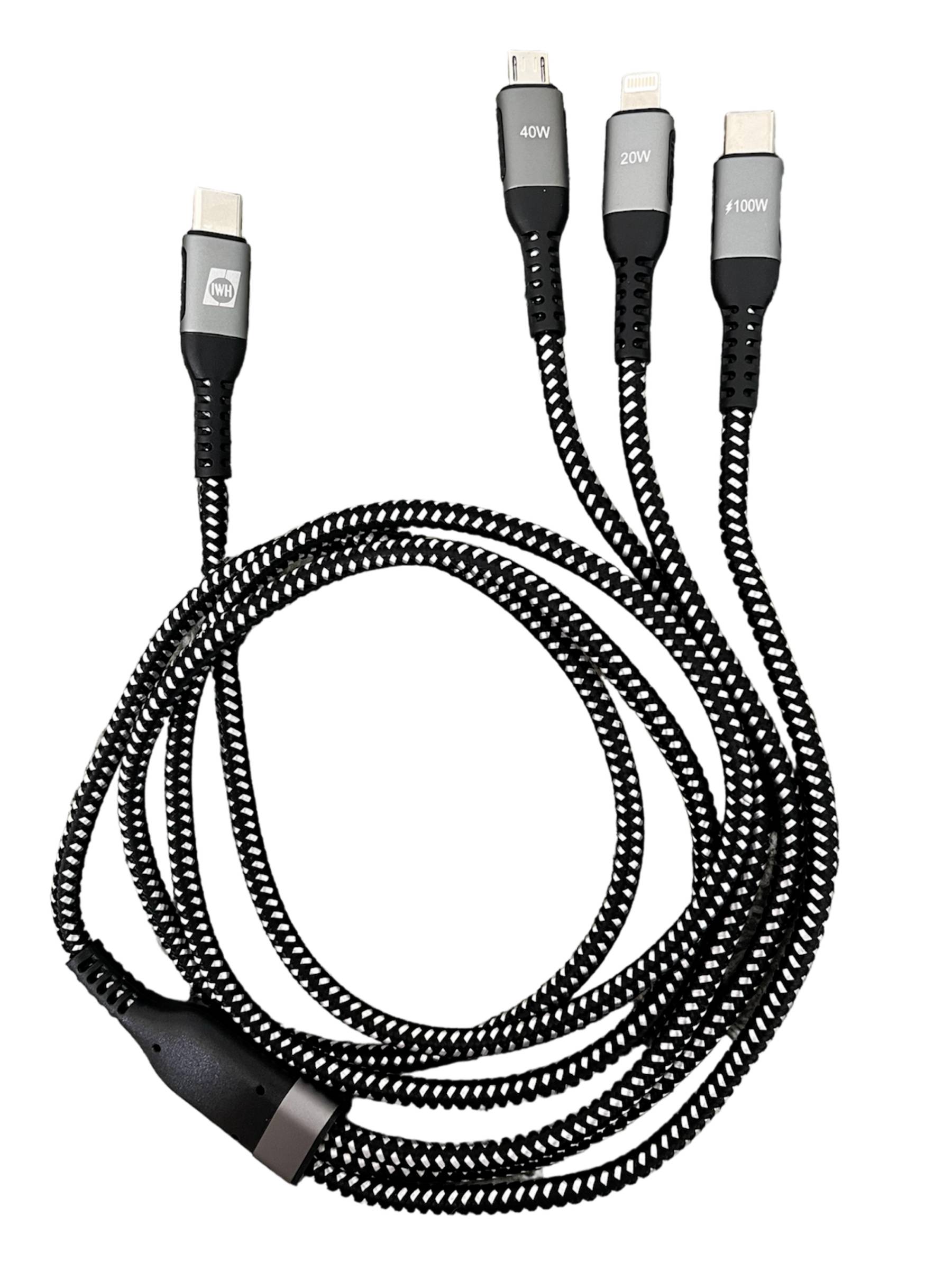 Prepletený nabíjací kábel s tromi rôznymi konektormi: USB-C pre 100 W, Lightning pre 20 W a Micro-USB pre 40 W.