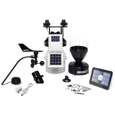 Meteorologická stanica so solárnym panelom, anemometrom, zrážkomerom a digitálnym displejom. Montážny materiál a káble sú súčasťou balenia.