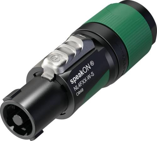 Čierny a zelený speakON audio konektor s modelovým číslom NL4FX-W-S, vhodný na prepojenie reproduktorov s zosilňovačmi.