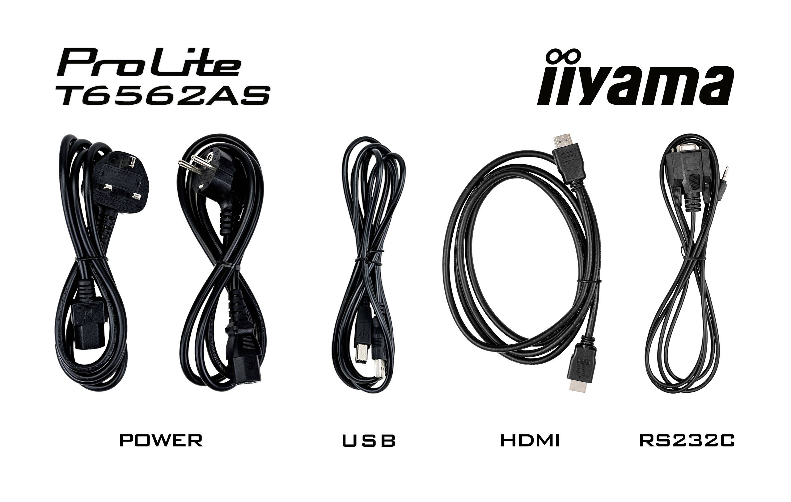Päť káblov: 'POWER', 'USB', 'HDMI', 'RS232C', zľava doprava. Značka 'iiyama' a model 'ProLite T6562AS' v ľavom hornom rohu.