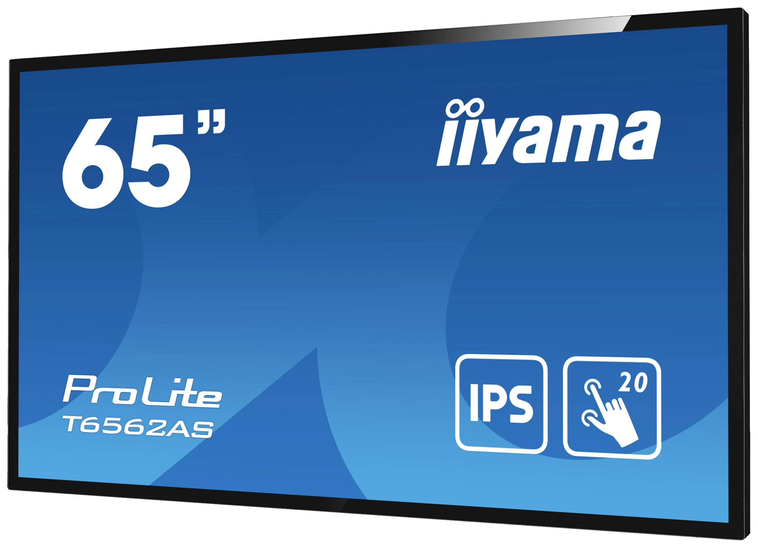 65-palcový monitor od iiyama, model ProLite T6562AS, s IPS technológiou. Ikona dotykovej obrazovky s dvomi prstami.