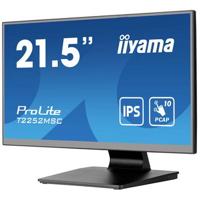 21,5-palcový monitor iiyama modelu T2252MSC s IPS a PCAP technológiou na modrom pozadí, umiestnený na monitorstojan.
