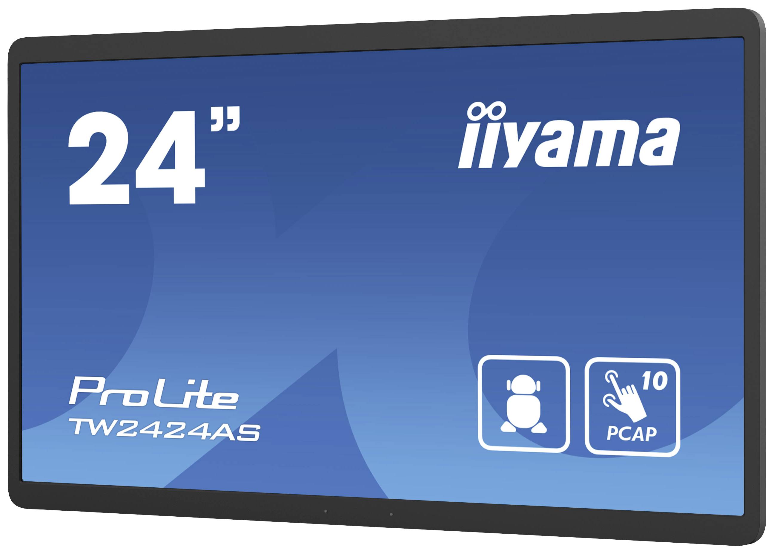 24-palcový monitor Iiyama, model ProLite TW2424AS, s kapacitným dotykovým displejom (PCAP) a symbolmi rozpoznávania tváre na modrom pozadí.