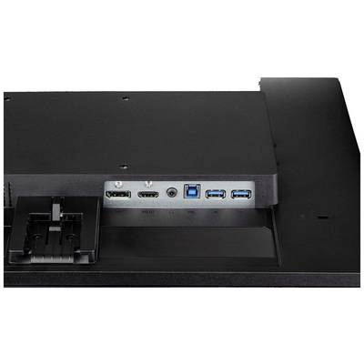 Zadná strana monitora s viacerými portami: DisplayPort, HDMI, USB a audio vstup. Viditeľný je tiež port pre napájanie.