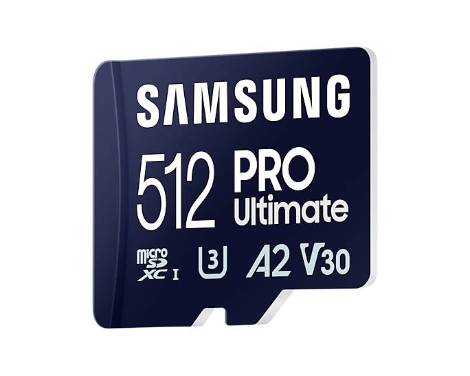 MikroSD karta s nápisom 'Samsung 512 PRO Ultimate'. Značka, kapacita úložiska a trieda výkonu sú zvýraznené.