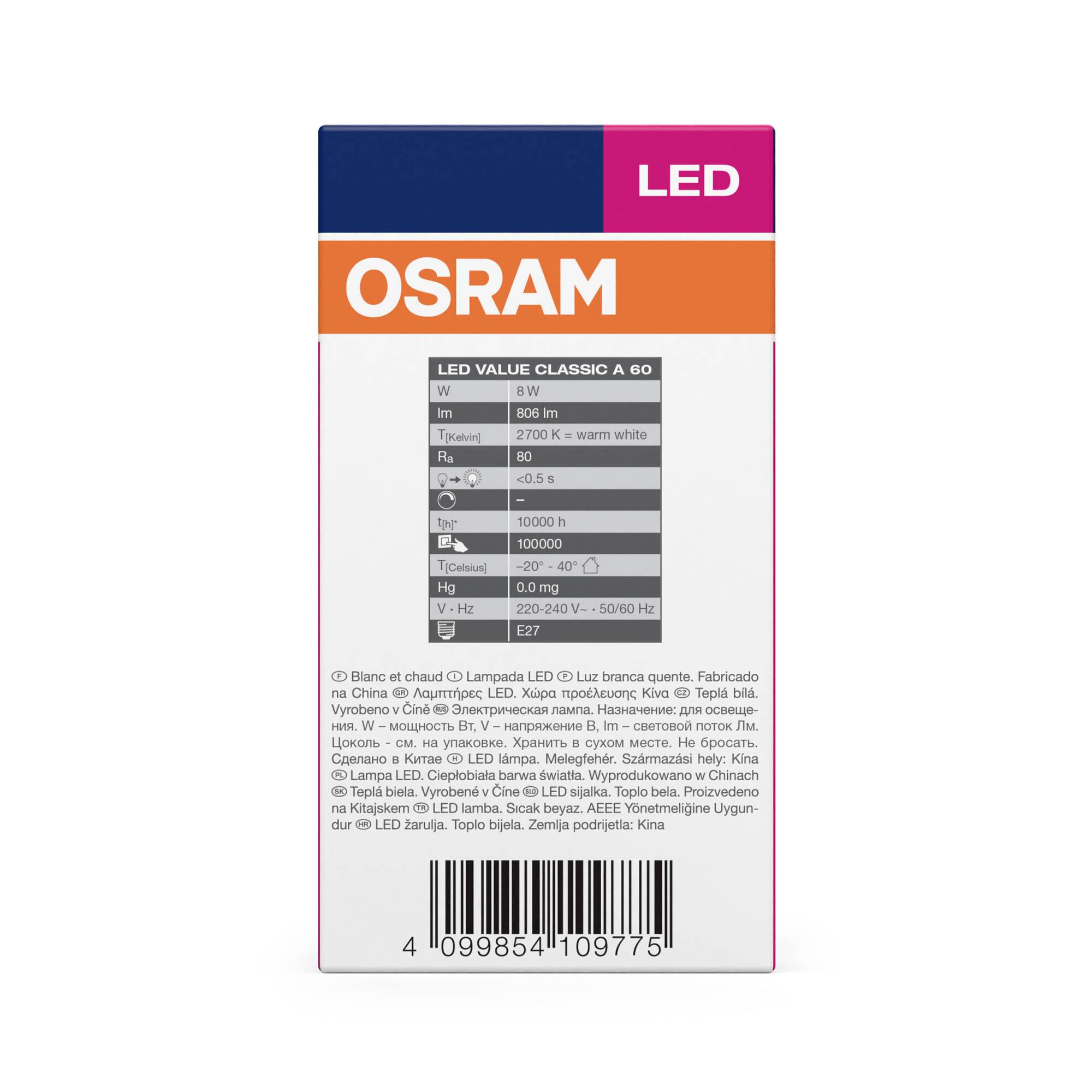 Balenie LED žiarovky Osram. Špecifikácie: 8W, 806 lm, 2700K, teplá farba. Pätica E27, energetická trieda F. Viacjazyčný text.