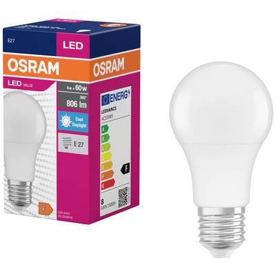 Žiarovka značky 'OSRAM' vedľa obalu. Na obale je napísané: LED, 8W = 60W, 806 lúmenov, energetická trieda F, pätica E27.
