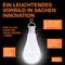 Zavesená LED lampa s integrovanou dobíjateľnou batériou. Svietiaca. Text popisuje inováciu, funkcie batérie, dobu nabíjania a použitie počas výpadku elektriny.