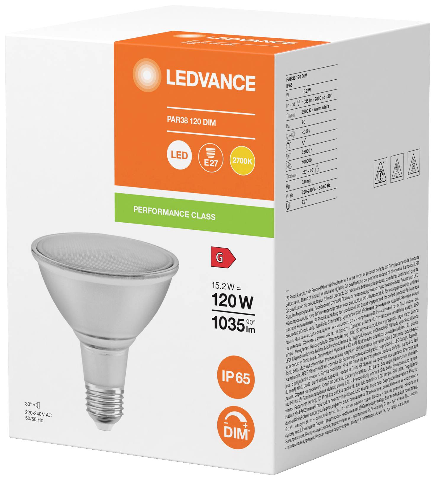 Balenie LED žiarovky, značka 'LEDVANCE'. Parametre žiarovky: PAR38, 15,2W zodpovedá 120W, 1035 lúmenov, E27, 2700K, stmievateľná, IP65.