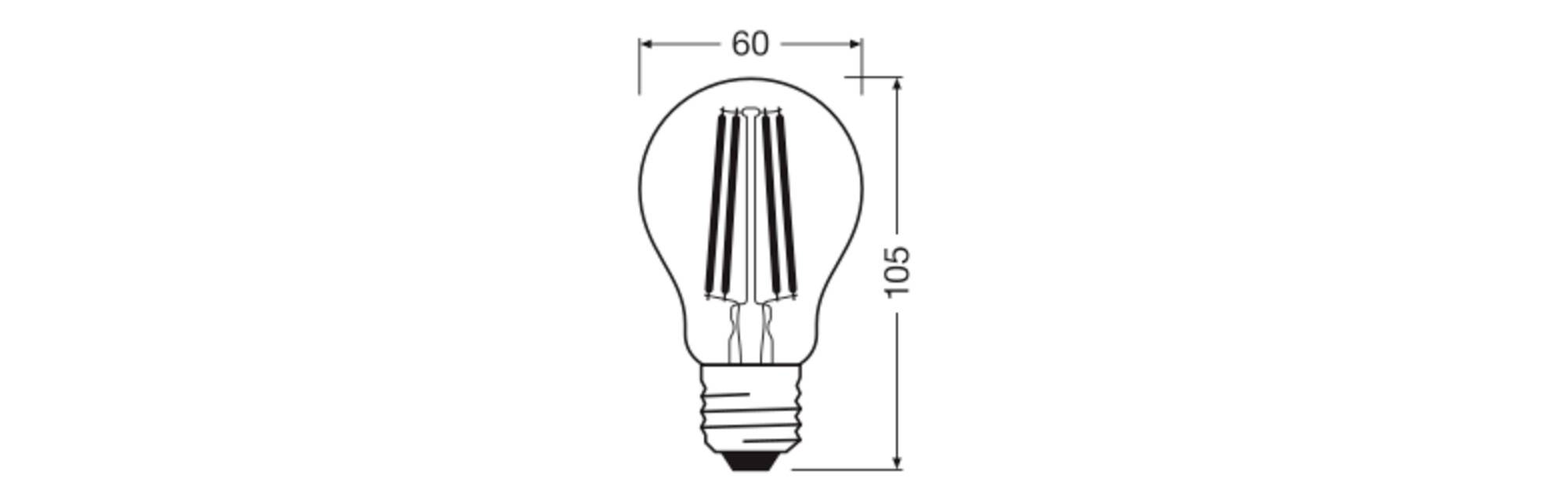 Náčrt žiarovky s rozmermi 60 mm šírky a 105 mm výšky.