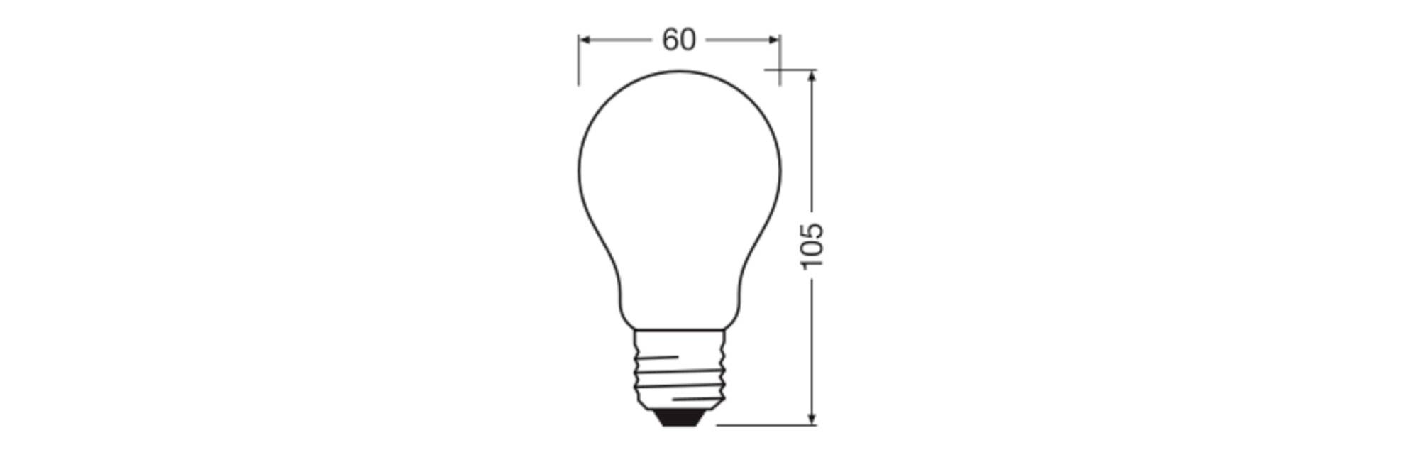 Obrázok žiarovky s rozmermi 60 mm šírka a 105 mm výška.
