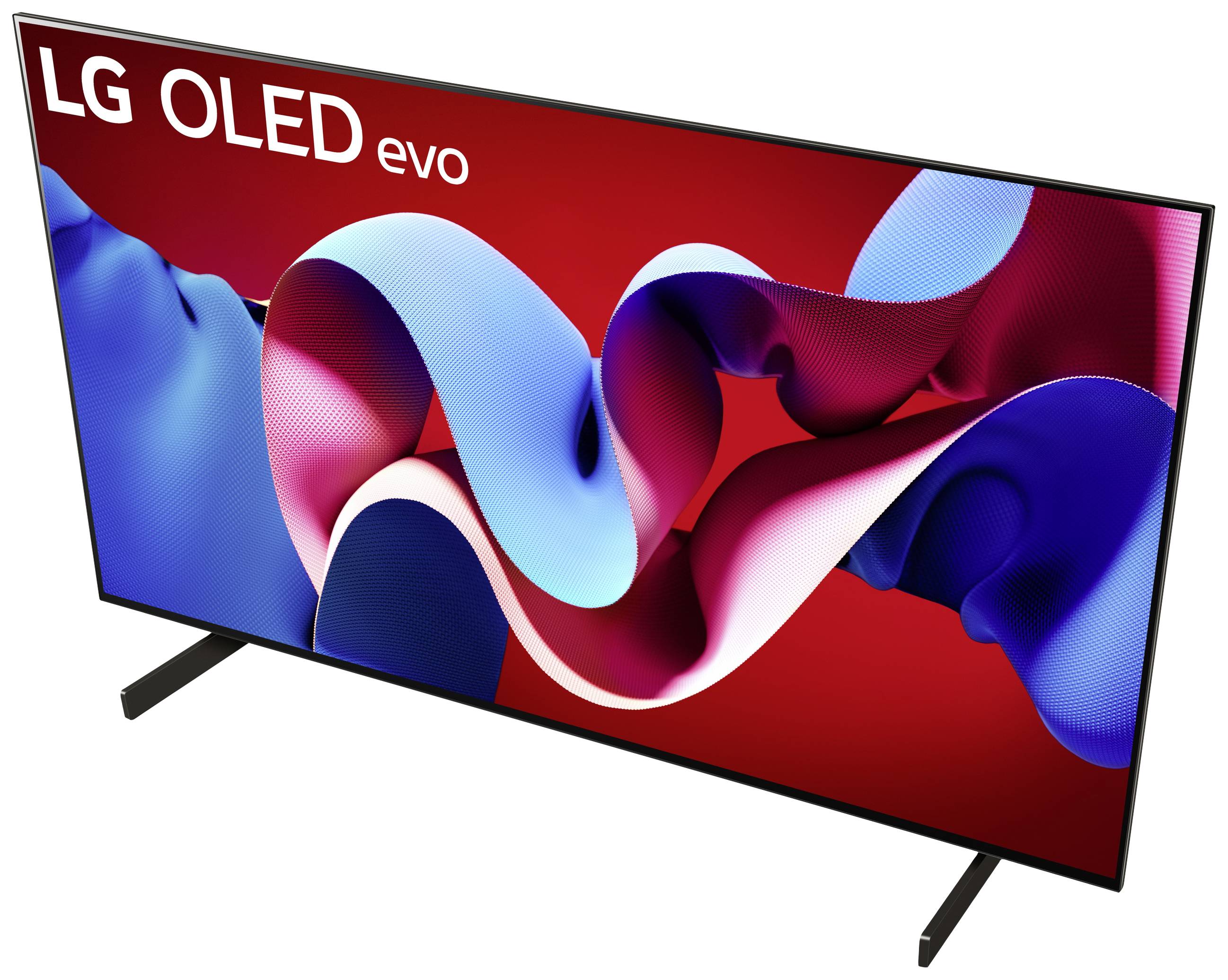 Plochý televízor s červeným pozadím a zakrivením farebnou páskou na obrazovke. Označenie 'LG OLED evo' v ľavom hornom rohu.