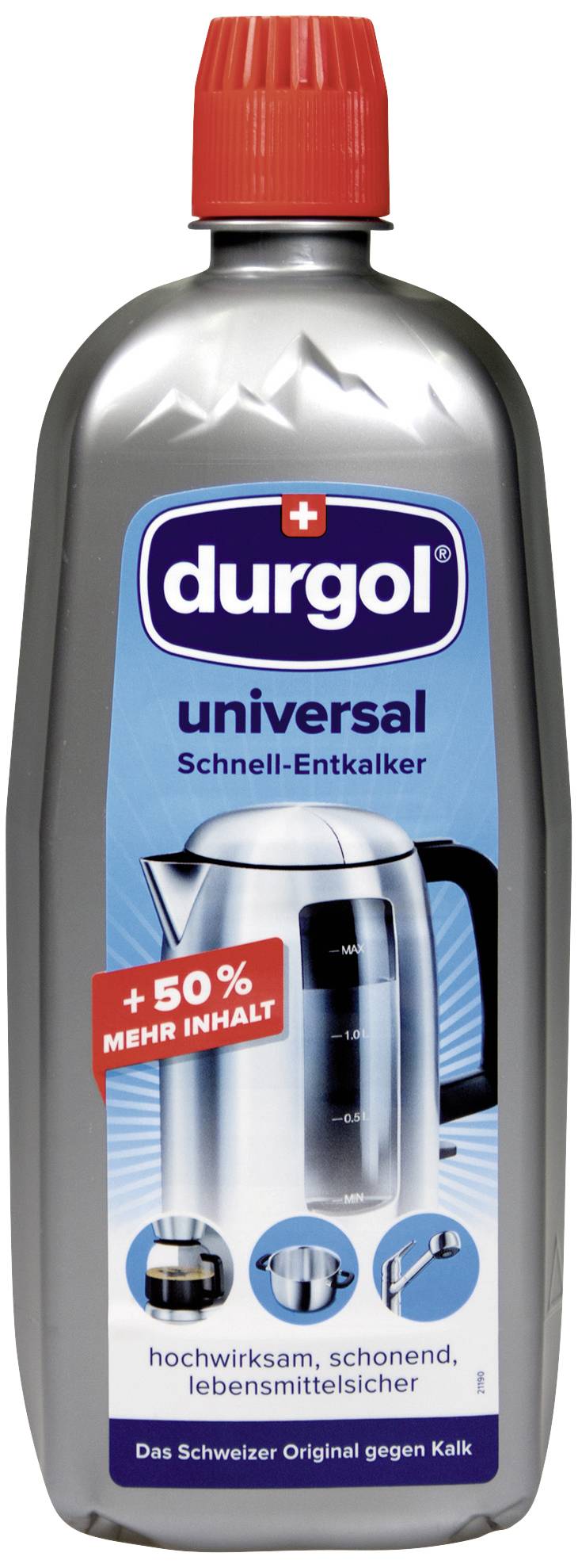 Fľaša Durgol Universal rýchly odvápňovač, 50% väčší objem, vhodný pre domáce spotrebiče. Efektívny a bezpečný pre potraviny. Švajčiarsky výrobok.