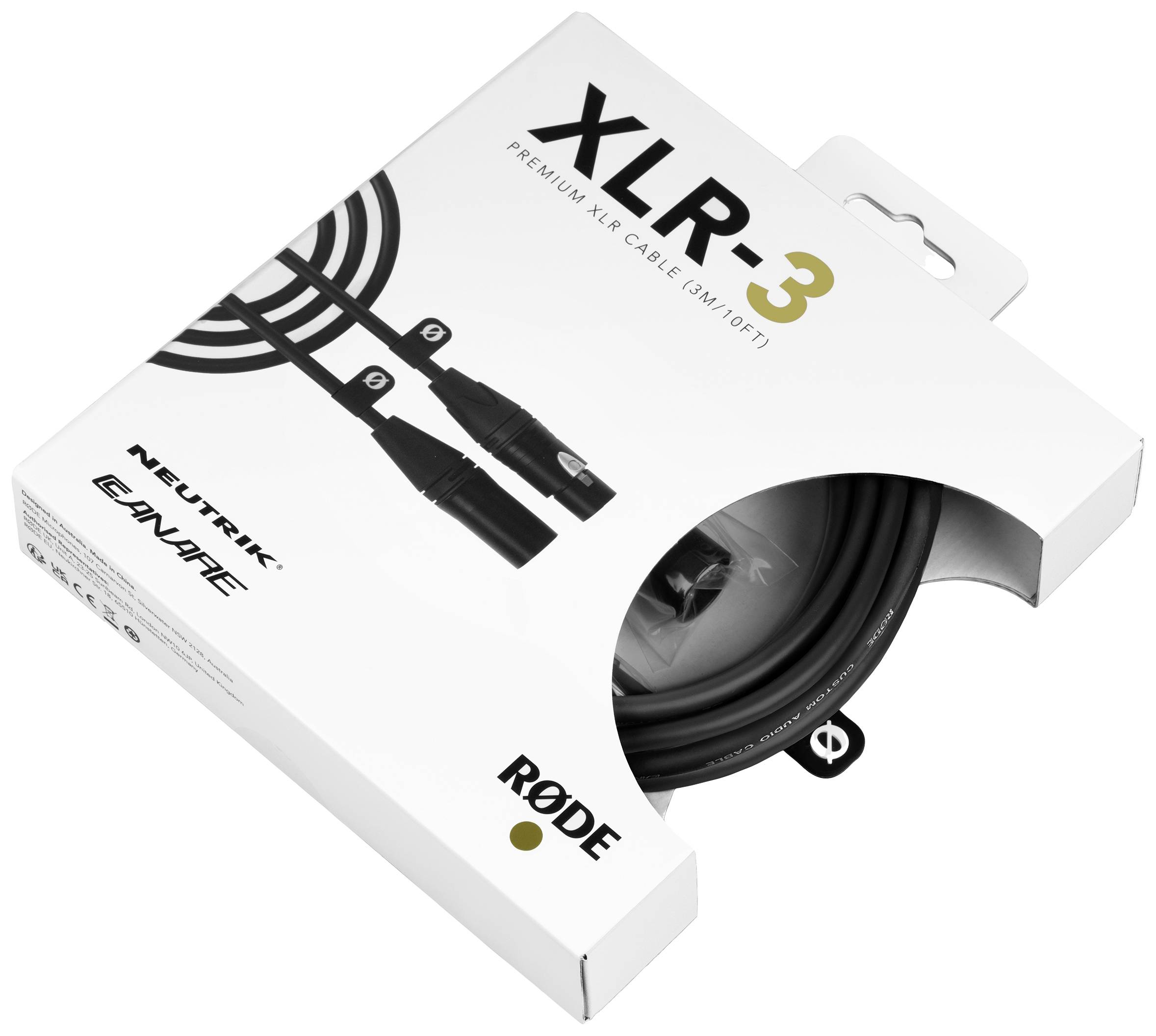 Balenie XLR kábla značky RØDE, dĺžky 3 metre, s konektormi Neutrik, čiastočne otvorené, kábel je viditeľný.
